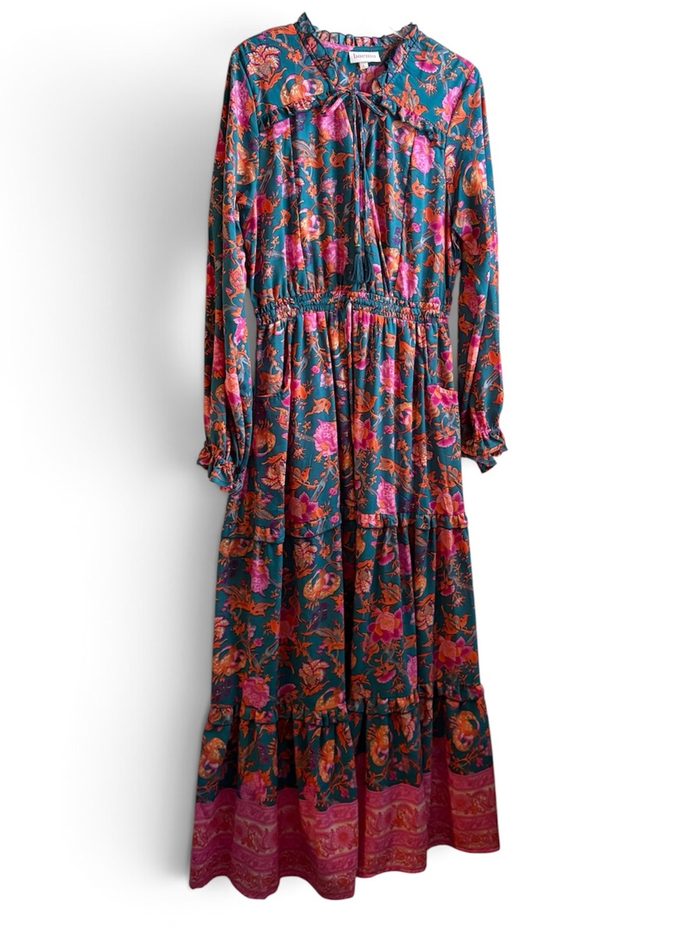Boemo Floral Tie-Neck Maxi Dress with Pockets in Teal & Pink